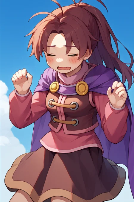 score_9, score_8_up, score_7_up, score_6_up, source_anime, BREAK 1girl, solo, <lora:gsjenna-pdxl-nvwls-v1-000005:1> gsJenna, brown hair, ponytail, antenna hair, purple cape, vest, pink shirt, long sleeves, brown skirt, boots, blue sky, closed eyes, blush, open mouth, wavy mouth, hands up