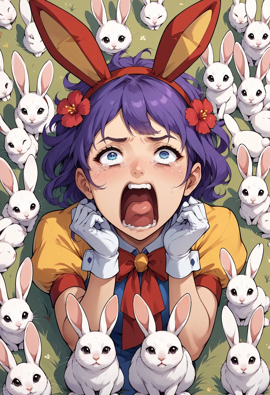 score_9, score_8_up,score_7_up, source_anime,
BREAK
grass,multiple rabbits, surrounded by rabbits,too many rabbits, animals,
BREAK
mouth shot,aquascreaming, screaming, open mouth, crying with eyes open, sprBernie, messy hair, hairband, fake animal ears, fake rabbit ears, hair flower, yellow dress, white gloves, yellow skirt, puffy short sleeves, thigh boots, purple hair, sitting on grass, sitting, hugging own legs,
BREAK
rabbit,animal,
<lora:concept_aquascreaming_ponyXL:0.8> <lora:ER-mouth_shot-v1:-1.5> <lora:tialuna-pdxl-nvwls-v1:1> <lora:ER-too_many_rabbits-v1:-2>