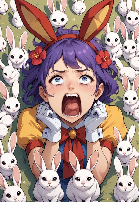 score_9, score_8_up,score_7_up, source_anime,
BREAK
grass,multiple rabbits, surrounded by rabbits,too many rabbits, animals,
BREAK
mouth shot,aquascreaming, screaming, open mouth, crying with eyes open, sprBernie, messy hair, hairband, fake animal ears, fake rabbit ears, hair flower, yellow dress, white gloves, yellow skirt, puffy short sleeves, thigh boots, purple hair, sitting on grass, sitting, hugging own legs,
BREAK
rabbit,animal,
<lora:concept_aquascreaming_ponyXL:0.8> <lora:ER-mouth_shot-v1:-1.5> <lora:tialuna-pdxl-nvwls-v1:1> <lora:ER-too_many_rabbits-v1:-2>