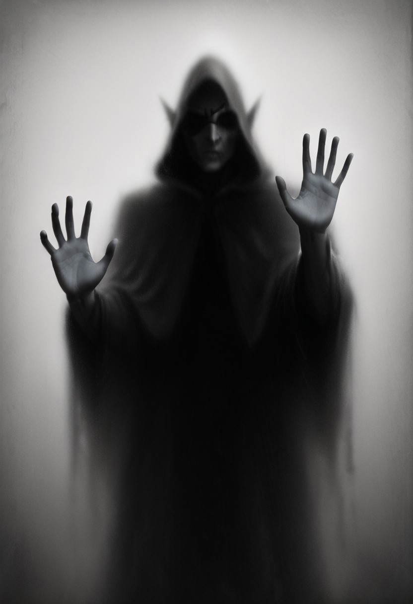 masterpiece, best quality, newest, absurdres, highres, 
IBWV1.0, silhouette, blurry, monochrome, window, glass, 
1boy, pale, pale skin, grey skin, hood, hooded cape, rogue, assasin, dark elf, pointy ears, eyepatch,