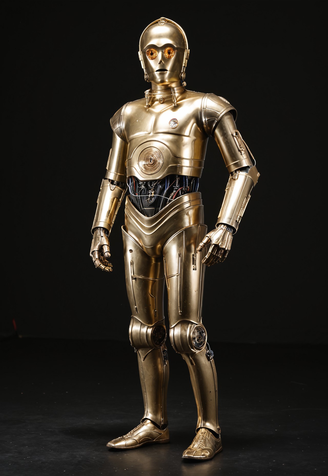 score_9_up, score_8_up, score_7_up, realism, 
1boy, c3po, android, robot male, golden metallic skin, golden eyes, black midriff with wiring, one silver leg, solo,standing, arms wide, curious  looking at viewer, standing, full body, front view, 
indoor, in a photostudio, black walls, day time, best quality, dynamic pose, masterpiece, natural lighting, lots of details, high resolution, 8K, colorful, dynamic shot, black background,