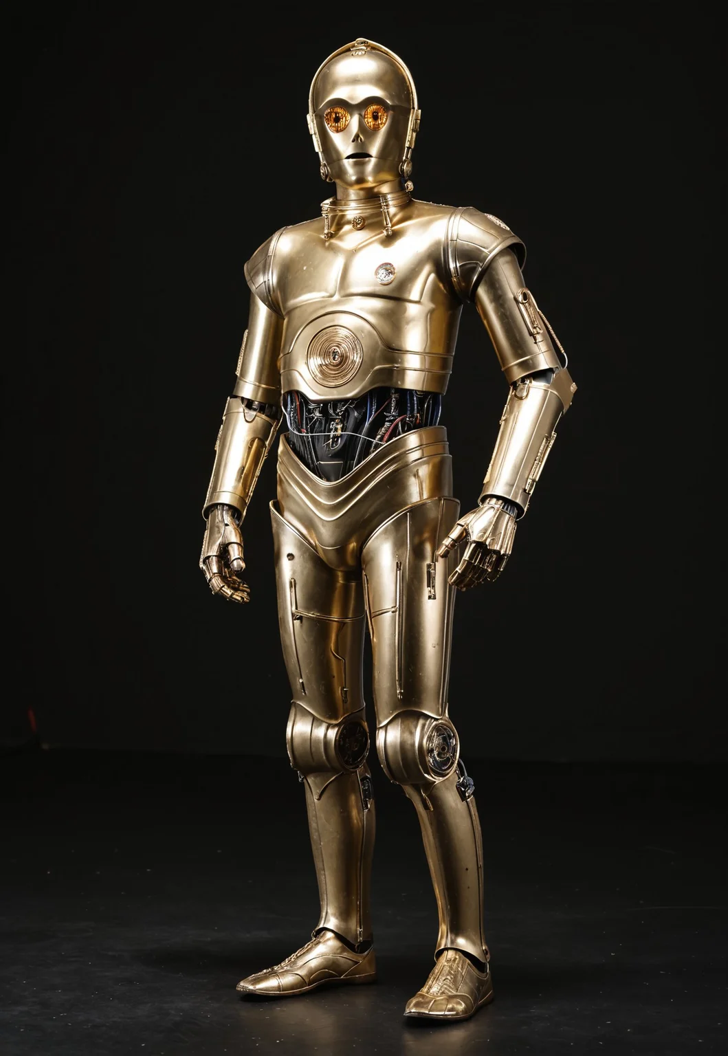 score_9_up, score_8_up, score_7_up, realism,
1boy, c3po, android, robot male, golden metallic skin, golden eyes, black midriff with wiring, one silver leg, solo,standing, arms wide, curious looking at viewer, standing, full body, front view,
indoor, in a photostudio, black walls, day time, best quality, dynamic pose, masterpiece, natural lighting, lots of details, high resolution, 8K, colorful, dynamic shot, black background,