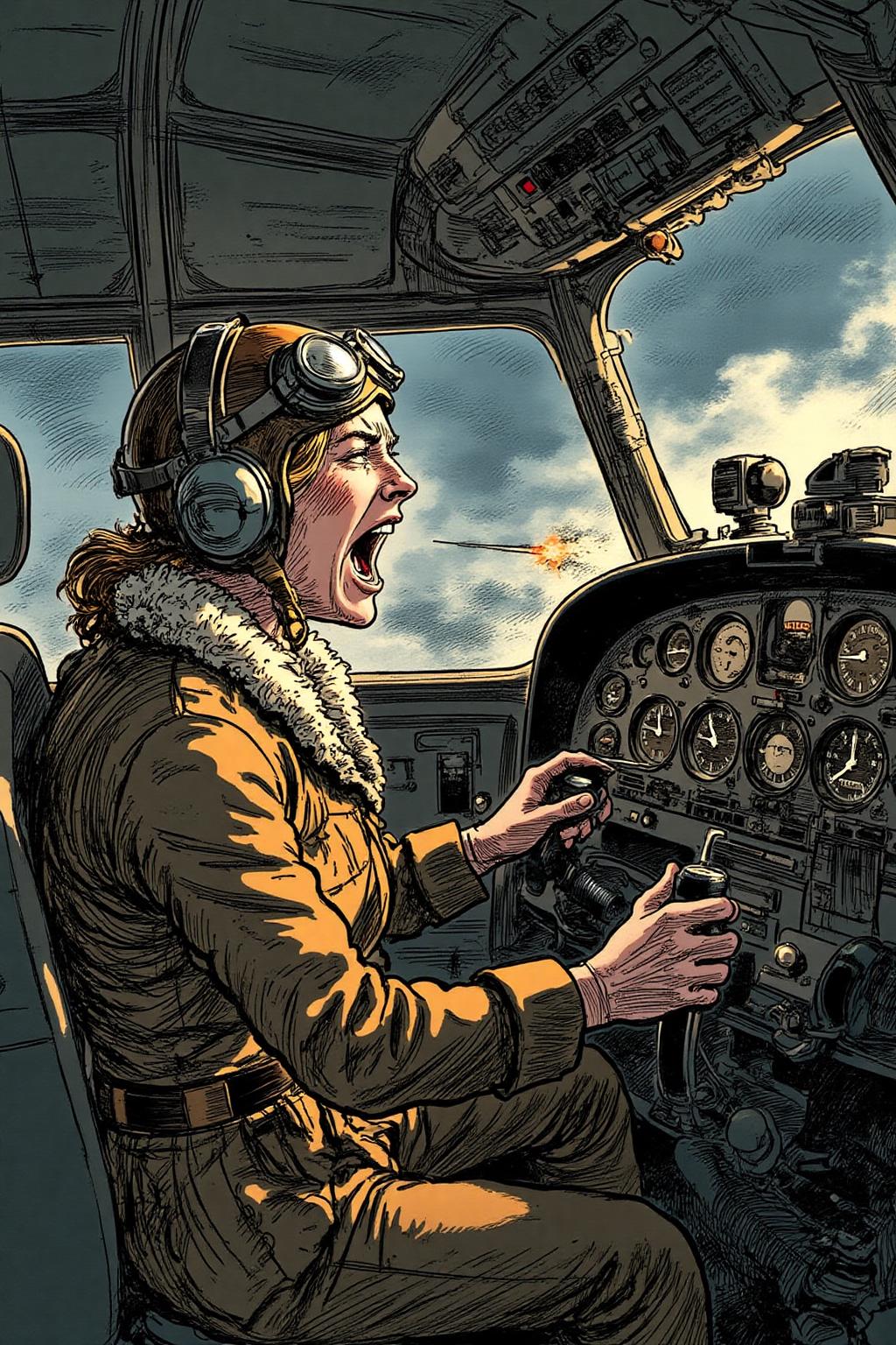 ehshep1 sketch. 
A female pilot screaming inside the cockpit of a WWII bomber. The pilot, wearing a vintage leather flight helmet with goggles and a brown bomber jacket, grips the controls with white-knuckled hands. Her face is contorted in a mix of fear and determination as she yells, her eyes wide with adrenaline. The cockpit is cramped and filled with old-fashioned dials and gauges, with the outside view showing dark stormy clouds and distant anti-aircraft fire. The scene is lit by the eerie glow of the instrument panel, casting harsh shadows across her face, emphasizing the intensity and danger of the moment. High contrast, dynamic composition, gritty and realistic, with a cinematic feel.  <lora:ehshep2_cap_d6a3e12:1.0><lora:826244759052956969:0>