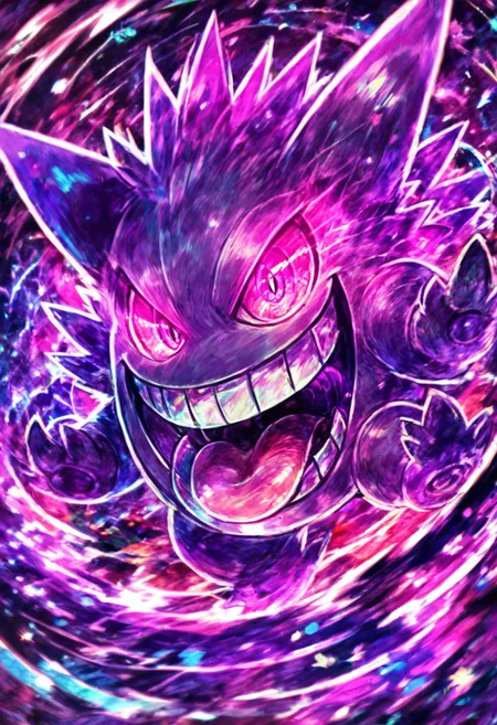 score_9, score_8_up, score_8,
gengar, no humans, gengar, :d, blurry, creatures (company), game freak, gen 1 pokemon, glowing, glowing eyes, kaosu (kaosu0905), nintendo, no humans, open mouth, pink eyes, pokemon, pokemon (creature), signature, smile, solo, teeth, tongue, tongue out