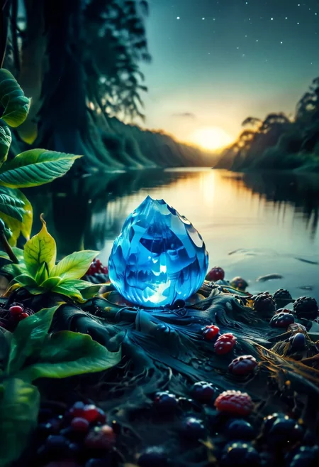 (8k analog nature photography:1.2), (a beautiful landscape:1.1) Extreme realism,  Insanely realistic, with a river in the distance, shiny sapphire (crystal:1.2) berries ,<lora:Bio-Luminescence:1> bioluminescent, glowing, focus on the fruit.  bioluminescent, glowing, detailed , detailed style, perfect, Night, darkness,