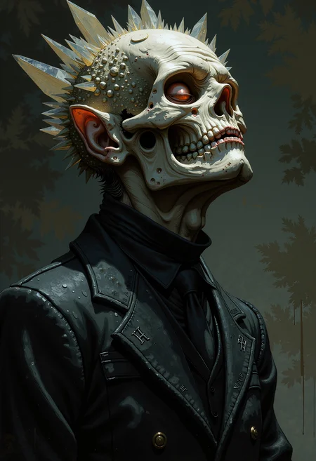 A hauntingly beautiful, dark gothic fantasy scene captured in a vintage analog photograph style, photorealistic with a somber, foreboding atmosphere. The image is a close-up character portrait of a once-powerful crystal-magic user, now deceased, whose obsession with forbidden knowledge has twisted their body into a grotesque, crystalline form. Soft, diffused lighting casts subtle shadows, with light scattering and gentle highlight diffusion creating a sense of eerie elegance. The monochromatic color palette is dominated by deep blacks, greys, and faint, dark amber tones, evoking a sense of tragic loss and cosmic horror. The brushwork is loose and expressive, with visible texture that suggests both movement and the unsettling stillness of death. The character's body is partially crystalized, with jagged, translucent crystals protruding from their skin, nose, ears, and eye sockets, as if their very flesh has been consumed by the malevolent cosmic force they sought to control. Their skull is grotesquely deformed, elongated to accommodate a now-crystallized brain that protrudes unnaturally, a grim testament to their doomed quest for infinite knowledge. Despite their monstrous transformation, the character retains an otherworldly attractiveness, their features still discernible beneath the crystalline encasement. Their impossibly tall, haunting figure exudes both tragedy and terror, a chilling reminder of the dangers of unchecked ambition. The scene is richly detailed, with intricate textures and a mesmerizing interplay of light and shadow, creating a deeply immersive and unsettling visual experience., ch1b1k1n3s1s, modernretroanime, Anime, DB4RZ, DB4RZ style painting,.,vintage analog photograph, photorealistic, dark gothic fantasy, anime style, close-up character portrait, soft diffused lighting, subtle light scattering, soft refractions, gentle highlight diffusion, muted reflections, dark monochromatic color scheme, shades of black, grey, very dark amber, somber, foreboding atmosphere, loose expressive brushwork, visible texture, energy, movement, intensity, deceased crystal-magic user, once powerful, obsession with power, twisted grotesque form, partially crystalized, encased in crystal, deformed body, malevolent cosmic being, patches of crystals, flesh replaced, crystals protruding through skin, nose, ears, eye sockets, elongated oblong skull, crystallized brain, protruding from skull, infinite crystal knowledge, impossibly tall, haunting, intricate, highly detailed, attractive young man, tragic loss, cosmic horror, eerie elegance, unsettling stillness, texture, movement, tragedy, terror, unchecked ambition, immersive, unsettling, light and shadow interplay, intricate textures, ch1b1k1n3s1s, modernretroanime, Anime, DB4RZ, DB4RZ style painting,.,<lora:yokawa2-resize:0.312><lora:Chibi_Adventures:0.167> ch1b1k1n3s1s,<lora:Modern-Retro_Anime-FLUX:0.363> modernretroanime, Anime,<lora:FLUX-daubrez-DB4RZ:0.28> DB4RZ, DB4RZ style painting