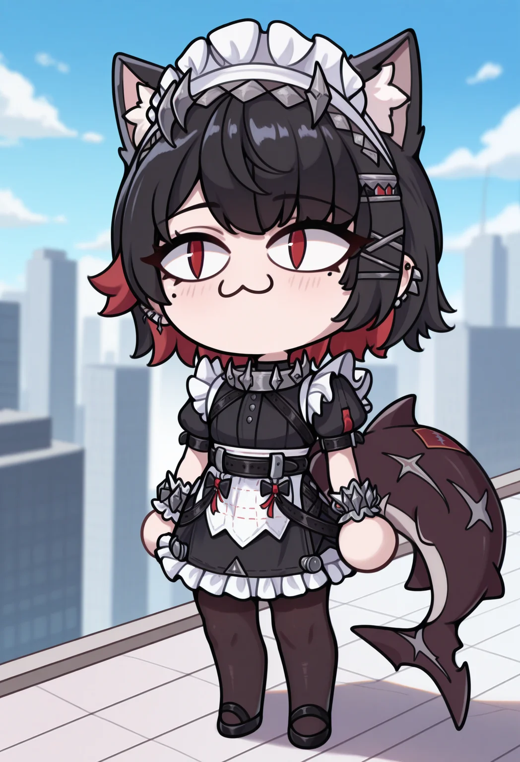 1boy, solo, blue sky, city, blurry background,
masterpiece, best quality, <lora:necoarccon-guy90-Illust-LycorisV1:1>, noccen, animal ears, :3, chibi, animal ear fluff, slit pupils, <lora:zzz_ellenjoe_illustriousXL:1> ell3nj0e, mole under eye, shark tail, fins, ear piercing, short hair, colored inner hair, black hair, red hair, x hair ornament, maid headdress, red eyes, frills, short dress, black dress, frilled dress, puffy short sleeves, wrist cuffs, white apron, maid apron, black belt, black pantyhose