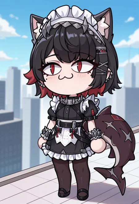 1boy, solo, blue sky, city, blurry background,
masterpiece, best quality, <lora:necoarccon-guy90-Illust-LycorisV1:1>, noccen, animal ears, :3, chibi, animal ear fluff, slit pupils, <lora:zzz_ellenjoe_illustriousXL:1> ell3nj0e, mole under eye, shark tail, fins, ear piercing, short hair, colored inner hair, black hair, red hair, x hair ornament, maid headdress, red eyes, frills, short dress, black dress, frilled dress, puffy short sleeves, wrist cuffs, white apron, maid apron, black belt, black pantyhose