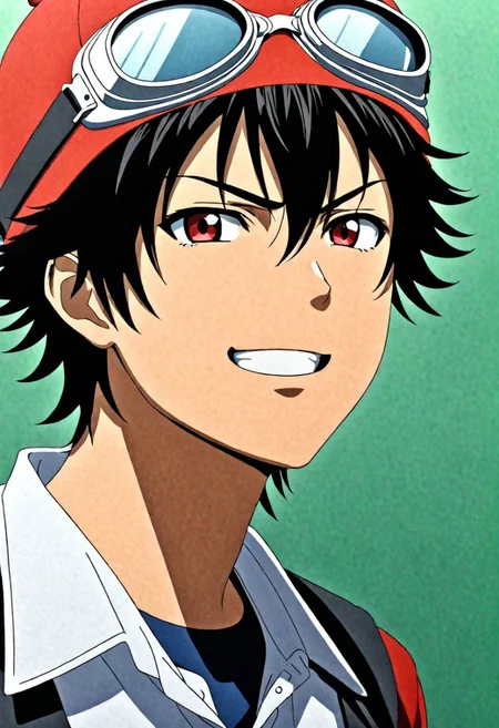 (4k), extremely detailed, hyper detailed, high resolution, professional photography, best quality, candid photo, 1boy, solo, male focus, easynegative, Yuusuke Fujisaki, Red Hat, Black Hair, school uniform, looking at viewer, candid photo, goggles, angry, smile