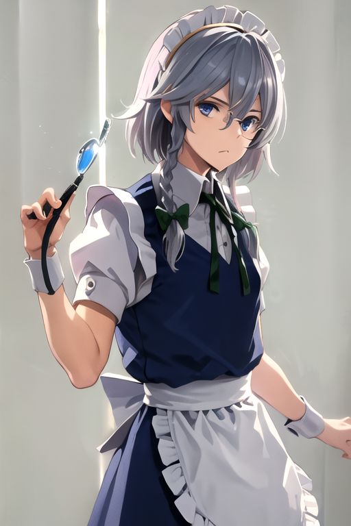 solo, 1girl, solo_focus, (((masterpiece))), ((best quality)), ((ultra-detailed)), high resolution, absurdres, highres, ultra-detailed 8k unity wallpaper, 
((glasses, bespectacled, )):2, 
izayoi sakuya, 
1girl,blue eyes, maid headdress, braid, grey hair, maid, twin braids, short hair, wrist cuffs, bow, hair bow, short sleeves, ribbon, apron,