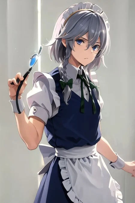 solo, 1girl, solo_focus, (((masterpiece))), ((best quality)), ((ultra-detailed)), high resolution, absurdres, highres, ultra-detailed 8k unity wallpaper,
((glasses, bespectacled, )):2,
izayoi sakuya,
1girl,blue eyes, maid headdress, braid, grey hair, maid, twin braids, short hair, wrist cuffs, bow, hair bow, short sleeves, ribbon, apron,