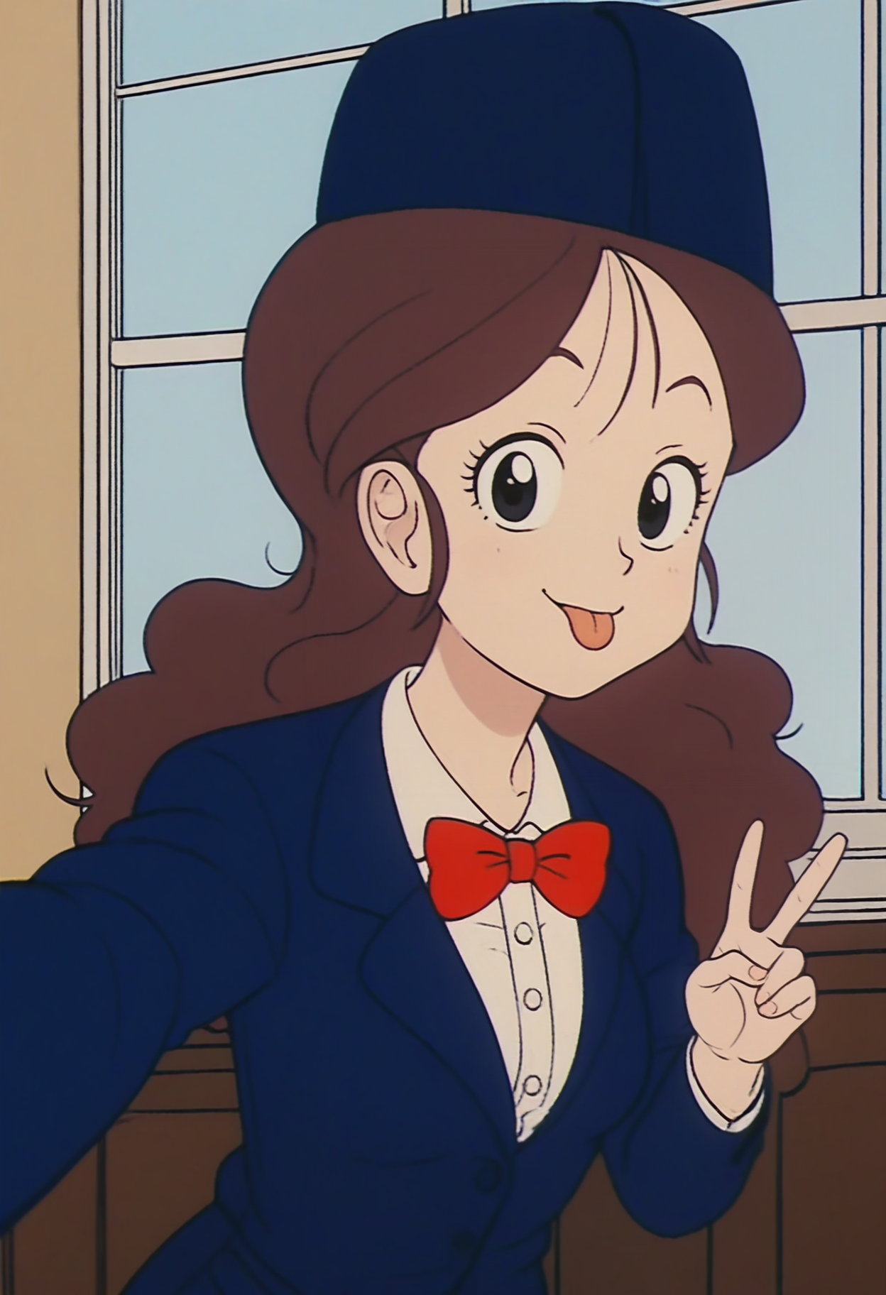 score_9, score_8_up, score_7_up, score_6_up, score_5_up, score_4_up, source_anime, BREAK
<lora:DBExtraGirl03FFA:1>, DBExtraGirl03FFA, brown hair, long hair, black eyes, breasts,
attendant hat, blue jacket, white collared shirt, red bowtie, skirt, suit,
standing, holding phone, selfie, v sign, tongue out, solo,
BREAK indoors, window, blue sky,