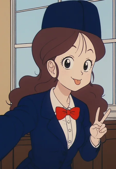 score_9, score_8_up, score_7_up, score_6_up, score_5_up, score_4_up, source_anime, BREAK
<lora:DBExtraGirl03FFA:1>, DBExtraGirl03FFA, brown hair, long hair, black eyes, breasts,
attendant hat, blue jacket, white collared shirt, red bowtie, skirt, suit,
standing, holding phone, selfie, v sign, tongue out, solo,
BREAK indoors, window, blue sky,