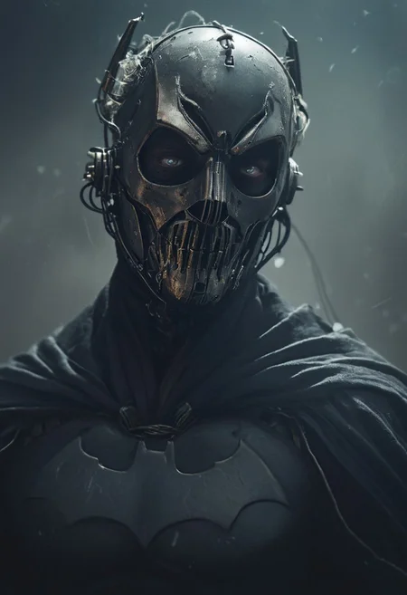 belomo_kodak_gold by tim burton and HR giger, mystic haze, dusty atmosphere, closeup, Zone-eyes, eye-trails, photorealistic, amazing quality, masterpiece, best quality, hyper detailed, ultra detailed, UHD, perfect anatomy, portrait, dof, hyper-realism, majestic, awesome, inspiring, CloseUp Portrait of a masked batman wired-cyborg with billowing cape and Large ears, charming but tired Smile, skin Details, very detailed skin and scar, old skin, Epic beard, Closeup, looking at Viewer, with half Face Made of technical micro elements with wires and cables, the eyes emitting a vibrant light billowing in the Wind, atmospheric haze, mystic Haze, veiled in shadows in an dark 1940s alley, steaming drain backdrop, cinematic composition, soft shadows, very detailed, hd, RAW photograph, masterpiece, top quality, best quality,