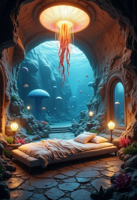 a subterranean cavern, accessed via a concealed entrance somewhere within the concrete jungle of a modern metropolis. Descending a spiraling staircase carved from solid limestone, one finds oneself standing at the base of a tremendous monolith of polished basalt, roughly the shape of a giant clam shell.
Upon this megalith reposes a plush mattress, layered with silken sheets printed with intricate designs resembling scallops and fan shells. Plump pillows embroidered with pearl-thread motifs invite weary visitors to sink into luxurious repose.
Overhead, luminaires shaped like pulsating jellyfish emit a mesmerizing kaleidoscope of color, shifting gradually through the spectrum from cool blues to warm amber hues. Their light filters down through the watery medium of the aquarium tanks lining the walls, causing schools of exotic fish to swim languidly among coral formations imported from the reefs of the South Pacific.
Through arched portholes framed in mother-of-pearl, one catches tantalizing glimpses of the teeming streets and skyscrapers of the city above, their steel-and-glass facades reflecting the dancing illumination of the submerged boudoir.
concept-art, fantasy, beautiful, painterly, detailed, textural, artistic,
beautiful, painterly, detailed, textural, artistic, aesthetic, intricate details, highly detailed, ultra-detailed, absurdres, unreal engine, octane rendering, high saturation, high contrast, vivid, vibrant, volumetric lighting,
CozySpookyStyle, aidmaMJ6.1