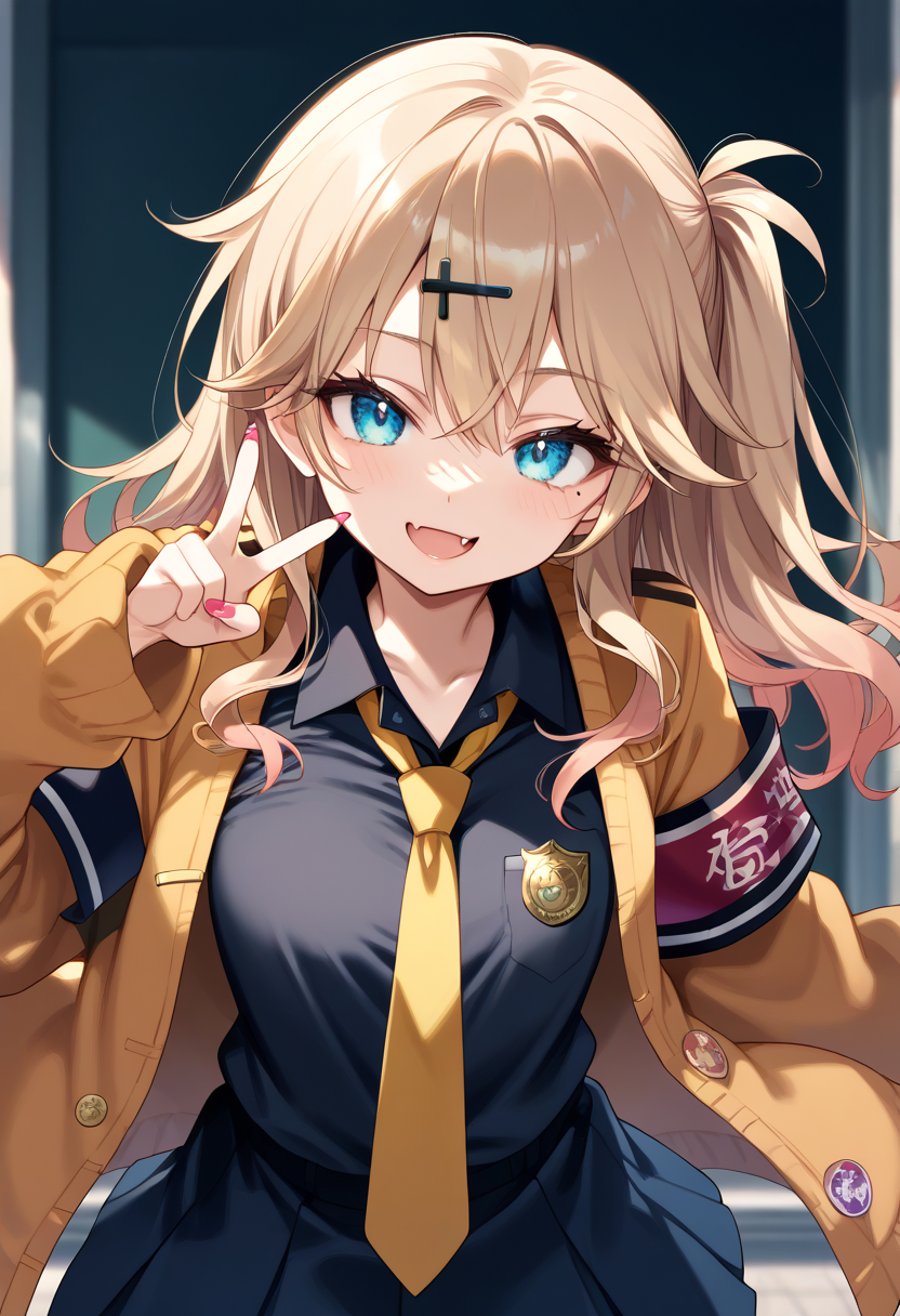 score_9,score_8_up,score_7_up,score_6_up,score_5_up,score_4_up,
<lora:KasukabeTumugi_Pony_V1:1> 1girl, kasukabetumugi, gyaru,
light brown hair, one side up, black hair clip, 
blue eyes, eyelashes, mole under eye, eyebrows visible through hair,
nail polish, fang,
shirt, black shirt, Yellow necktie, jacket,
(4 band aids), (badge), loafers, Black armband,
looking at viewer, smile, standing, v sign, upper body,