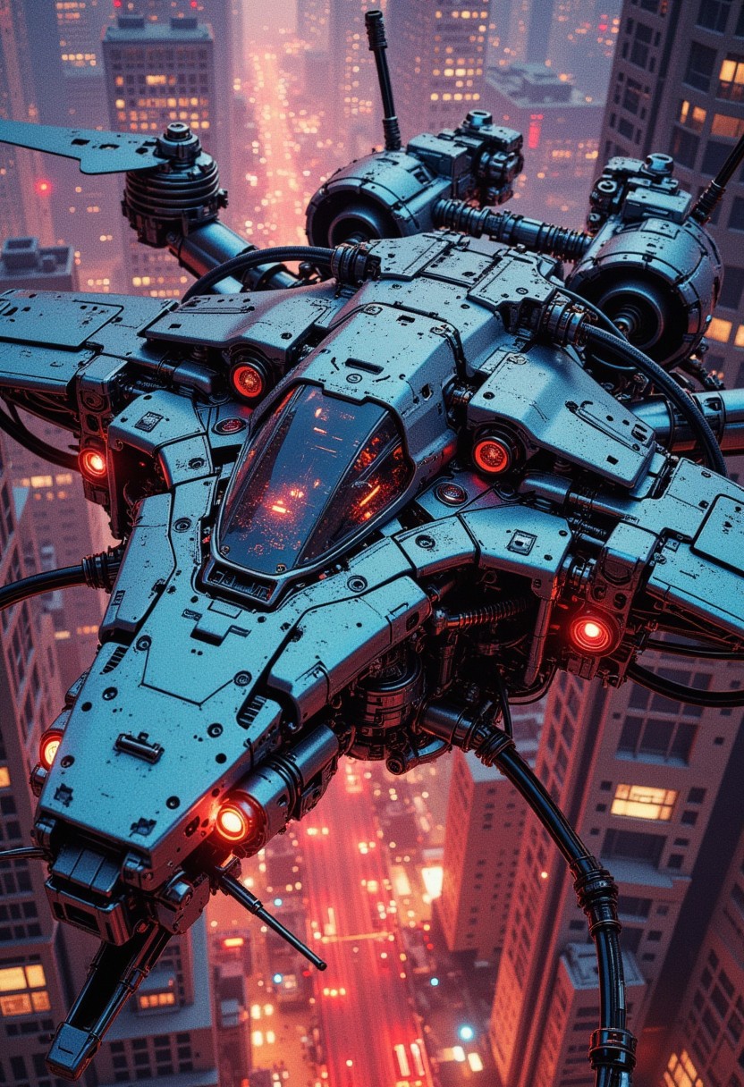 in the style of ck-mgs, A digital artwork in the style of cknc, a_skynet_cyberdyne_craft, the image is featuring a flying drone flying high above a neon-infused sci-fi city at night, adorned with intricate, metallic details, including wires, and mechanical components, giving it a highly advanced, industrial look. The parts are made out of a sleek smooth silver and tungsten, highly reflective. some parts of the drone are glowing, intense red that emit a menacing, otherworldly glow.