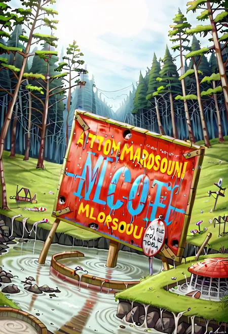 sign with the text" Croeso y llyn gellynoth. Oes yn y cont" billboard, <lora:text:0.8>, falloutlandsdxl, picturesque lake surrounded by a forest but is in a polluted dystopian landscape, in the foreground there is , human fecal matter on the floor in small piles, puddle of human fecal waste written in it, atomic mushroom cloud in background