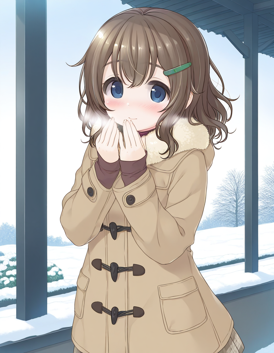 general,highres, ultra-detailed,very aesthetic,best quality ,best hands,  BREAK <lora:Fukami_Nonoka_IS:1> FukamiNonoka, 1girl,solo, bangs, medium hair, brown hair, hairclip, blue eyes, 
solo, blush, brown coat, looking at viewer, skirt, long sleeves, fur trim, winter clothes,