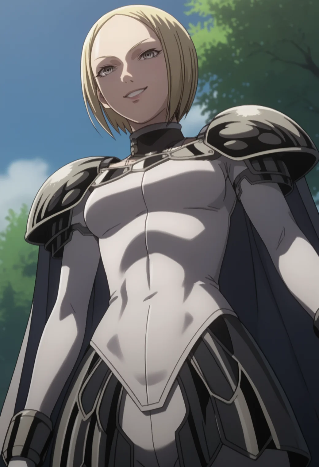 score_9, score_8_up, score_7_up, source_anime, BREAK ,,1girl, solo, <lora:DX888Helen:1> helen, bob cut, pauldrons, bodysuit, cape, smile, from below