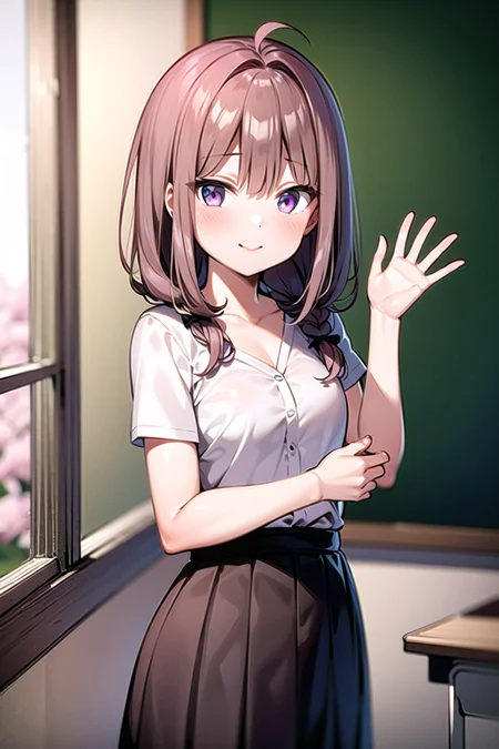 Tsube Hana,1girl, side braid, ahoge, light brown ,hair pink hair, purple eyes, hair tie, light smile, waving,, classroom, open window, cherry blossoms, river