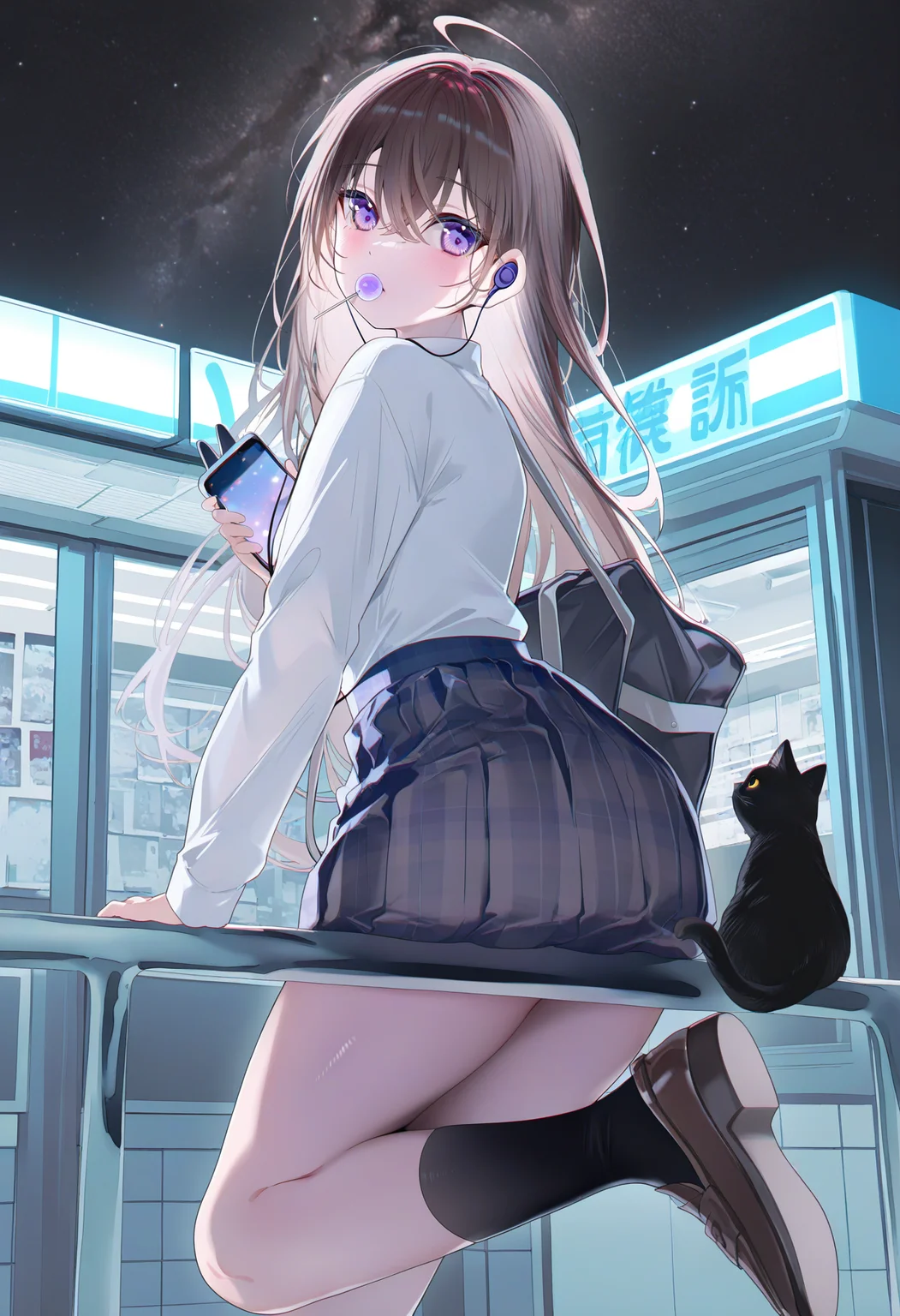 <lora:Rag:1>, best quality, masterpiece, miwano rag, 1girl, plaid skirt, black cat, holding phone, school bag, earphones, night sky, white shirt, long hair, purple eyes, brown hair, cellphone, smartphone, school uniform, looking at viewer, outdoors, black socks, star (sky), brown footwear, on railing, shirt tucked in, long sleeves, shoes, loafers, ahoge, looking back, sitting, earbuds, starry sky, convenience store, thighs, shoulder bag, from behind, from below, pleated skirt, shop, food in mouth, lollipop, blue bag, black bag, hair between eyes, against railing, mouth hold, candy, foot out of frame, blush, crossed bangs, shoe soles