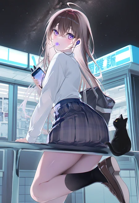 <lora:Rag:1>, best quality, masterpiece, miwano rag, 1girl, plaid skirt, black cat, holding phone, school bag, earphones, night sky, white shirt, long hair, purple eyes, brown hair, cellphone, smartphone, school uniform, looking at viewer, outdoors, black socks, star (sky), brown footwear, on railing, shirt tucked in, long sleeves, shoes, loafers, ahoge, looking back, sitting, earbuds, starry sky, convenience store, thighs, shoulder bag, from behind, from below, pleated skirt, shop, food in mouth, lollipop, blue bag, black bag, hair between eyes, against railing, mouth hold, candy, foot out of frame, blush, crossed bangs, shoe soles