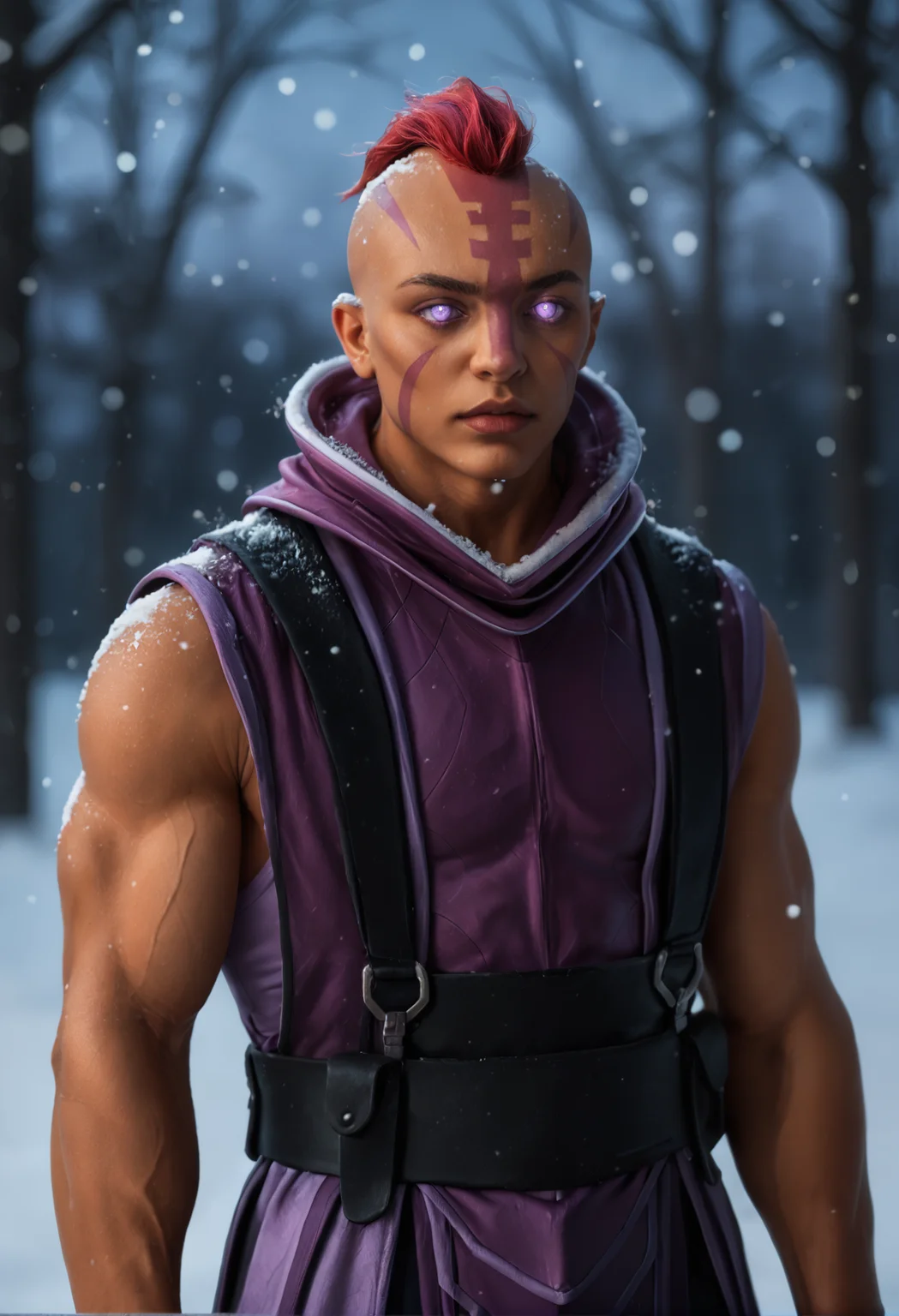 1boy,
dark skin, dark-skinned male,
muscular, muscular male,
mohawk,red hair, bald,
scar,
purple eyes, no pupils, blank eyes,
facial marks,
 anti_mage_v1
 <lora:anti_mage_V1:1> anti_mage_v1, sleeveless, score_9, score_8_up, score_7_up, score_6_up, derpibooru_p_95,
detailed eyes, beautiful, detailed background, perfect eyes,
blur censor, blurry, blurry background, blurry foreground, bokeh, motion blur,
chromatic aberration, depth of field, figure, focused,  focus
photography, realistic sun light and shadows, photorealism, UHD --ar 9:16 --style raw --stylize 700,
solo,
winter, snow, snowing, glowing snowflakes, night, dark,, The scene is dynamic and filled with motion,