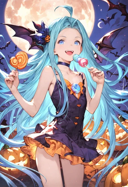score_9, score_8_up, score_7_up,score_6_up, source_anime, best quality, aesthetic, absurdres, realistic, moon,
halloween, halloween costume, official alternate costume, vampire, jack-o'-lantern, hair ornament, (miniskirt:1.2), (holding sucker, lollipop:1.2), blue gem,
1girl, solo, smile, upper teeth only, (clear eyes:1.1), looking at viewer,
Lyria (Granblue Fantasy), very long hair, blue hair, (body_slim:1.1), small breasts, choker, bare legs,
<lora:Lyria-Pony:0.8> <lora:IshikePony:0.3>