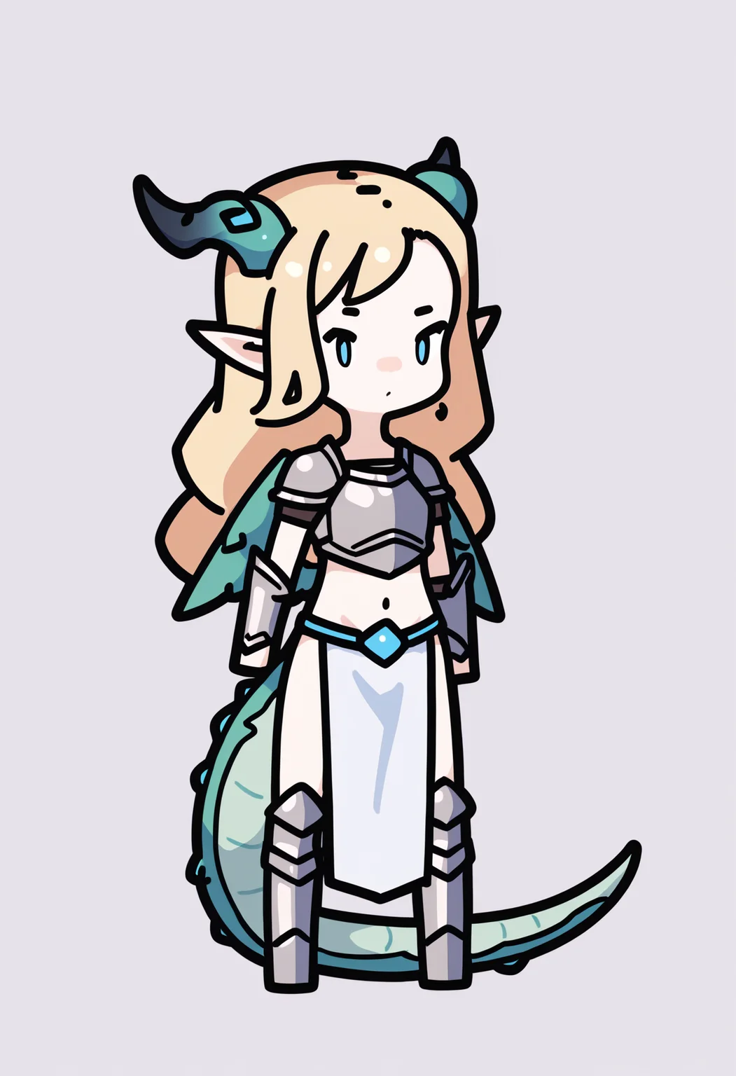 score_9, score_8_up, score_7_up, score_6_up, score_5_up, score_4_up, BREAK
1girl, long hair, blonde hair, blue eyes,
chibi, pointy ears, horns, dragon girl, wings, tail,
paladin, holy light, armor, breastplate, pelvic curtain, greaves,
standing, full body, solo, looking at viewer, simple background, white background <lora:RabbitAndSteelXLLocon:1>