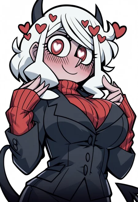 score_9, score_8_up, score_7_up,(masterpiece,best quality)),best res,,good anatomy,cute,(sexy:1.3),ultra cute, (huge breast:1.3),face,hot,female,smiling,extremely detailed face,4k,happy, upper body,,detailed eyes,beautiful,smiling,,cute,very cute,, ,blushing,upper body,tall,arms,, solo, blush, perfect lighting, hips, skinny,,,blushing,smiling,tall female,,helltaker style, 1girl, solo, looking at viewer, blush, skirt, large breasts, simple background, red eyes, long sleeves, white background, jacket, tail, white hair, heart, pantyhose, horns, black skirt, medium hair, sweater, black jacket, sleeves past wrists, symbol-shaped pupils, turtleneck, transparent background, heart-shaped pupils, formal, demon girl, suit, demon horns, demon tail, ribbed sweater, pencil skirt, black horns, red sweater, black suit, black tail, modeus (helltaker)