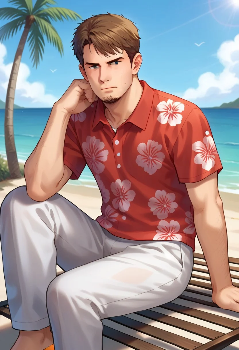 score_9, score_8_up, score_7_up, BREAK, 1boy, solo, kyle_hyde, white pants, hawaiian shirt, red shirt, beach, sitting, beach chair, palm tree, brown hair, stubble, gray eyes, 34 years old