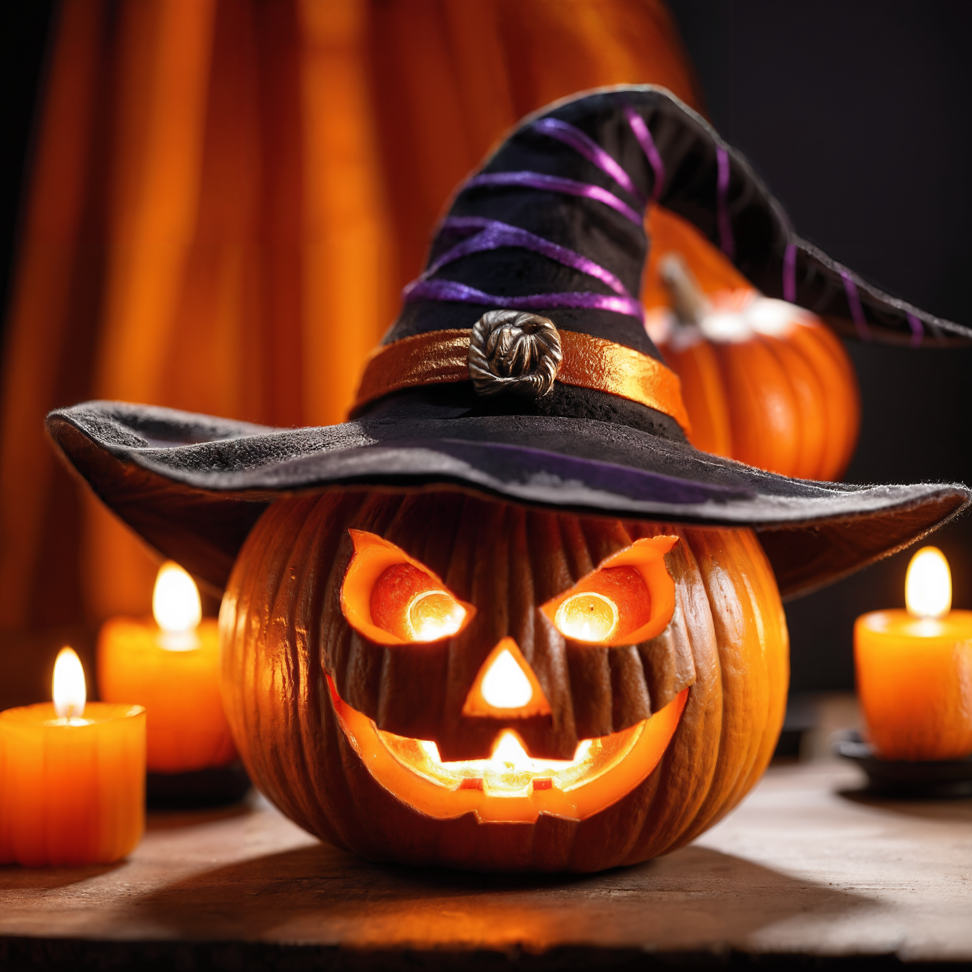professional,macro photo of a pumpkin lamp with witch-hat on,lit colorful candles around,Halloween,
realistic textures,very detailed,ultra high quality,ultra high resolution,16k,depth of field,bokeh,soft shadows,studio lighting,
<lora:add-detail-xl:2>,embedding:OverallDetailXL,