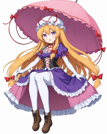 yakumo yukari,solo, 1girl, crossed_legs, white_thighhighs, gap_\(touhou\), sitting, corset, ribbon_choker, purple_dress, white_background, open_mouth, hat_ribbon, simple_background, hair_bow, looking_at_viewer, wide_sleeves, detached_sleeves, mob_cap, boots, aged_down, holding, folding_fan, full_body, puffy_short_sleeves, long_sleeves, brown_footwear, :d, shoes, flat_chest, parasol, white_gloves, zettai_ryouiki
<lora:yakumo_yukari_image6089_2023-12-20-000007:1>,star-shaped_pupils,symbol-shaped_pupils,. gorgeous,key visual, vibrant, studio anime,award-winning, professional, highly detailed,high budget, cinemascope