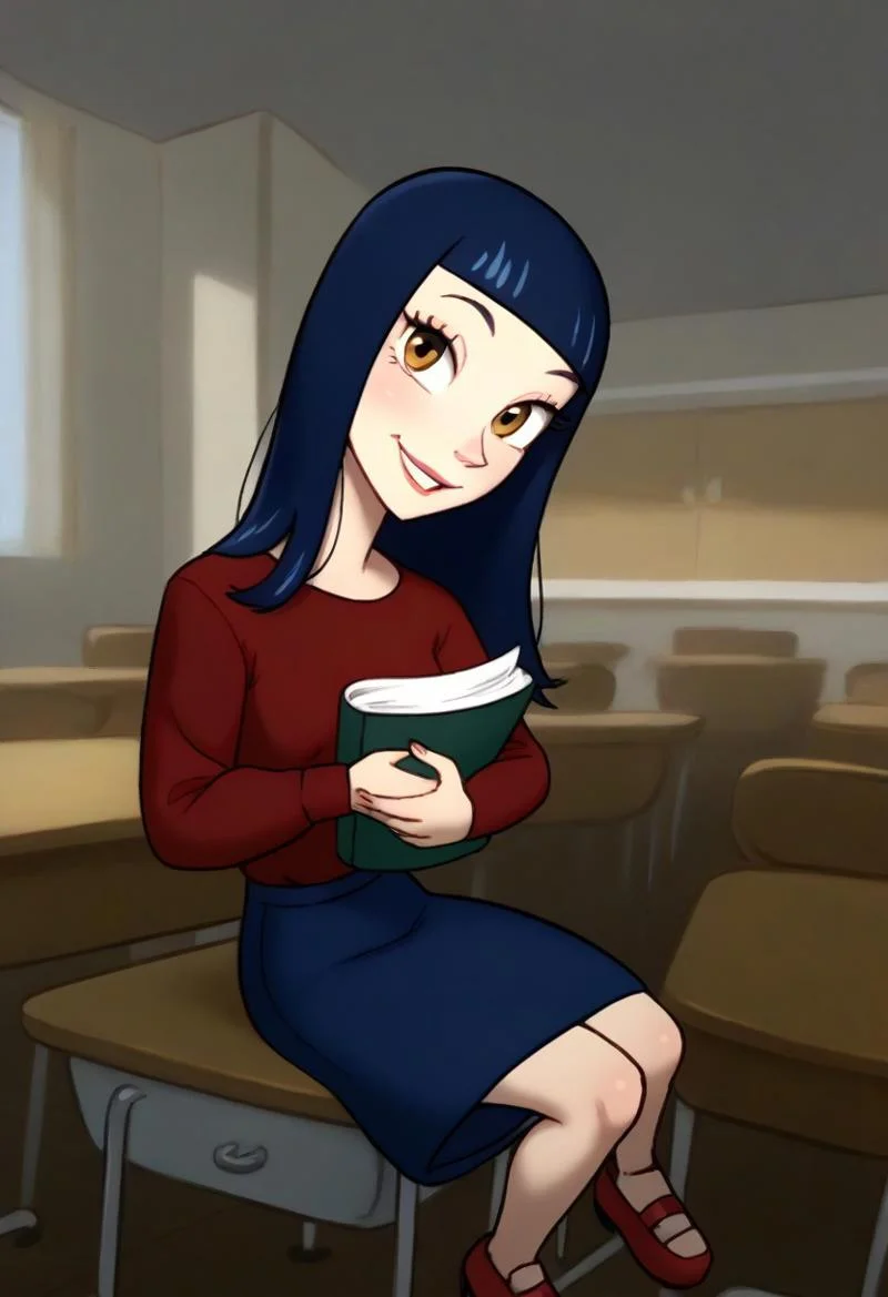LesDnkl_TP, 1 girl, solo, blue hair, shoulder length hair, long eyelashes, red long sleeve shirt, blue skirt, red shoes, holding book in arms, looking at viewer, sitting on desk, seductive, teasing, flirting, smiling,