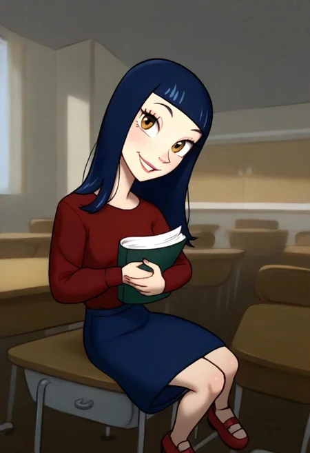 LesDnkl_TP, 1 girl, solo, blue hair, shoulder length hair, long eyelashes, red long sleeve shirt, blue skirt, red shoes, holding book in arms, looking at viewer, sitting on desk, seductive, teasing, flirting, smiling,