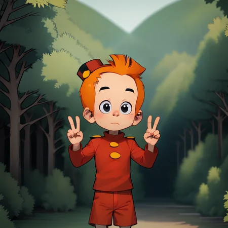 score_9_up, score_8_up, BREAK, Spirou, solo, 1boy, orange hair, black eyes, red hat, red shirt, long sleeves, stripes, shorts, cowboy shot, double v, <lora:Little_Spirou_PXL_Leaf5:1>, outdoors, forest,