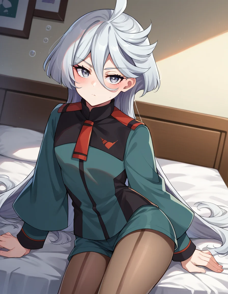 score_9, score_8_up, score_7_up, source_anime,
miorinerembran, <lora:miorine-rembran-ponyxl-lora-nochekaiser:1>,
miorine rembran, ahoge, grey eyes, grey hair, hair between eyes, long hair, swept bangs,
asticassia school uniform, front-seamed legwear, green jacket, green shorts, jacket, long sleeves, pantyhose, pantyhose under shorts, school uniform, seamed legwear, shorts, shoulder boards, swept bangs, wide sleeves,
indoors, bed, bed room, on side, blush, drunk,
looking at viewer, dutch angle, cowboy shot,