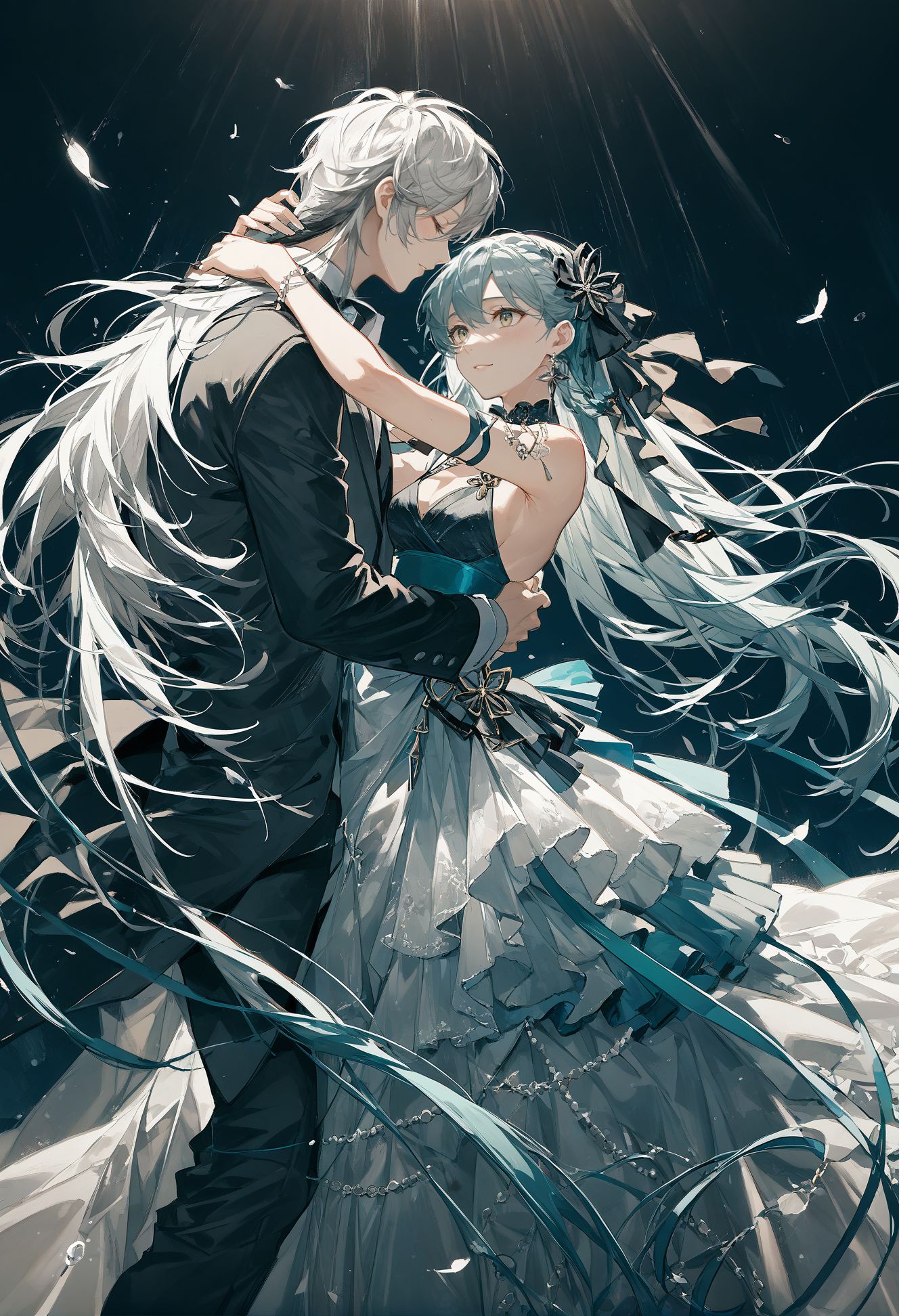 score_9, score_8_up, score_7_up, best quapoty, highres, absurdres, source_anime, 1girl, n0l4nd, <lora:n0l4nd:0.7>, ARKNIGHTS NOBODY, <lora:Arknights Nobody:0.7>, Dancing with a partner, she twirls gracefully in a flowing ballgown, radiating joy