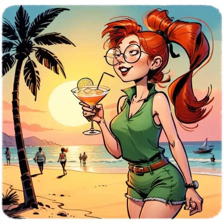 comic full body portrait 1girl, solo, round glasses, freckles, redhead, ponytail, having a cocktail on the beach, sunset <lora:MlleJeanne1024-step00000800:0.8> . graphic illustration, comic art, graphic novel art, vibrant, highly detailed