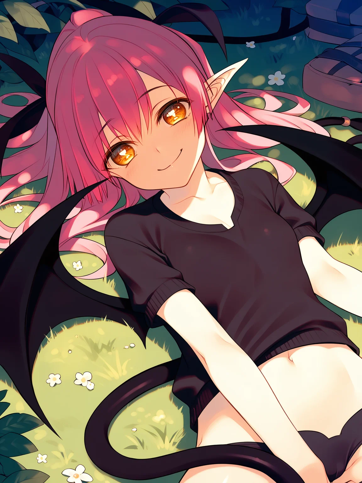 <lora:happy_tentacle-succubus-v0.2-000043:1>, ht_succubus, white pupils, demon wings, demon tail, hair ribbon, gym clothes, outdoors , 1girl, solo, cowboy shot, thighs , , ( smile :1), , looking at viewer , lying , , score_9, score_8_up, score_7_up, score_6_up, score_5_up, score_4_up