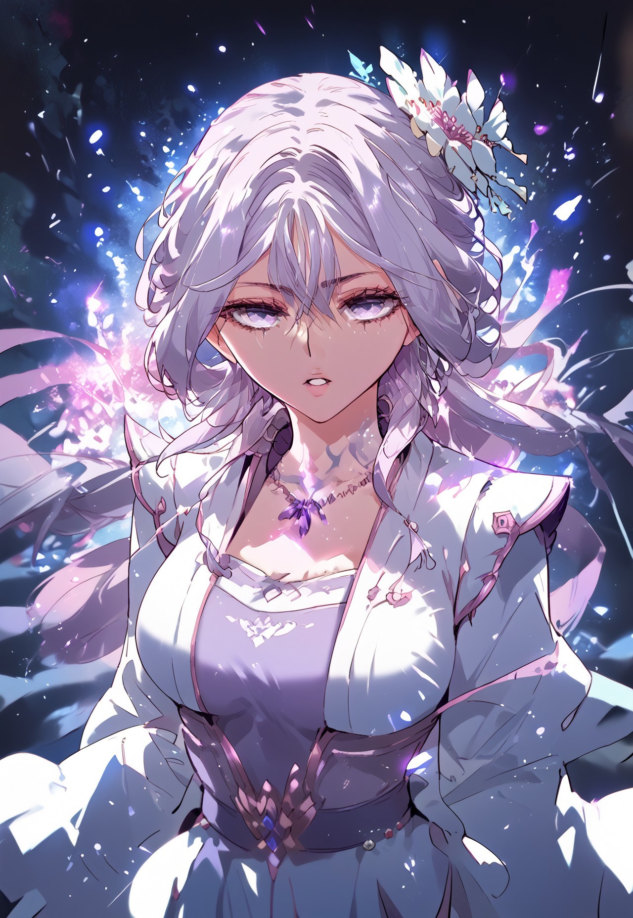 zPDXL3, score_9_up, score_8_up, score_7_up, (Anime_source), 1girl, ChuQingCheng, lavender eyes, white hair, long hair, half updo, night, glowing, from above, flying, looking at viewer, particles, dark theme, parted lips, upper body