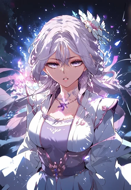 zPDXL3, score_9_up, score_8_up, score_7_up, (Anime_source), 1girl, ChuQingCheng, lavender eyes, white hair, long hair, half updo, night, glowing, from above, flying, looking at viewer, particles, dark theme, parted lips, upper body