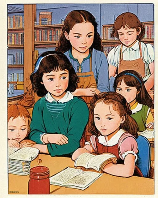 babysitters club in the Jr High cafeteria, art by kidbooks, hd, 8k,