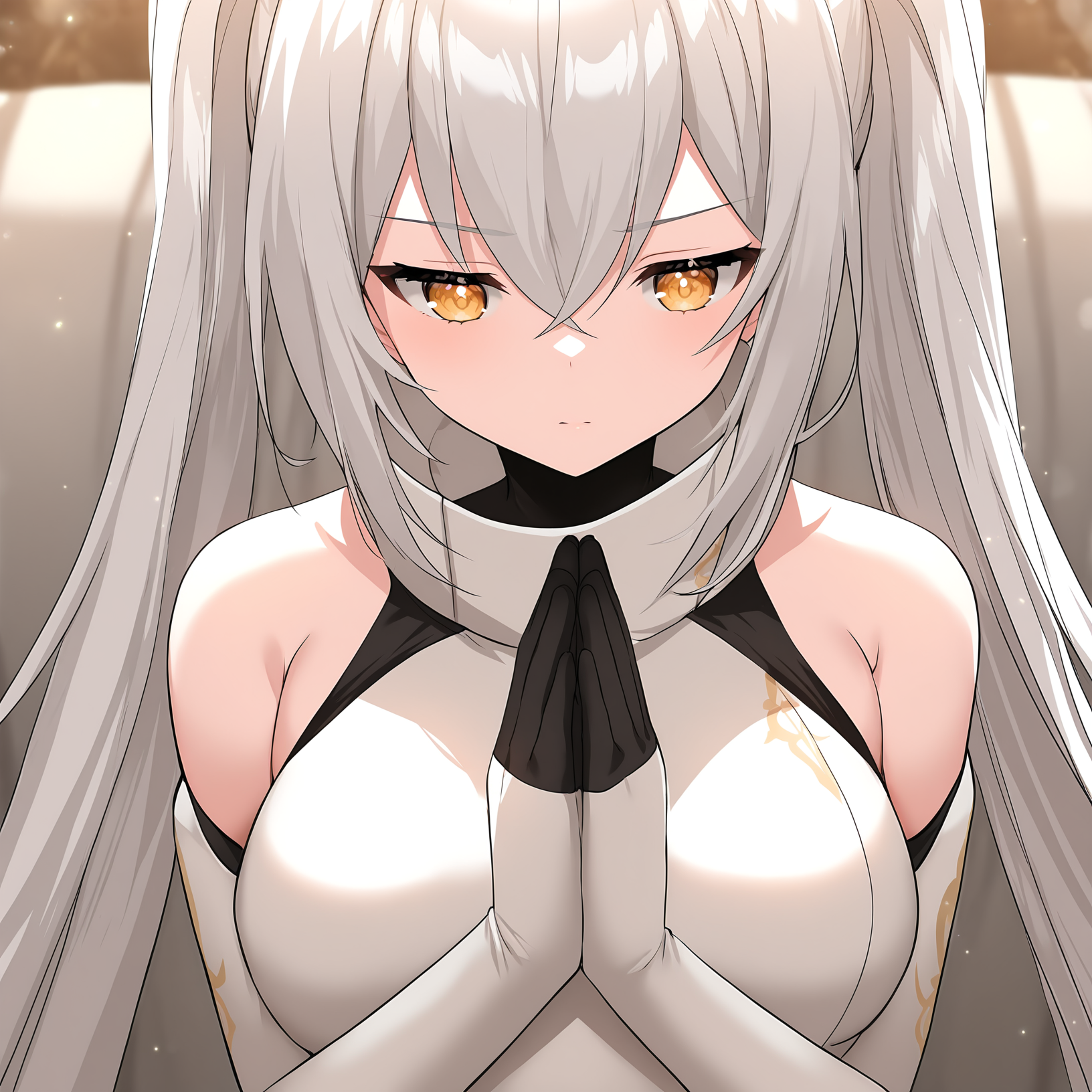 masterpiece,best quality,newest,absurdres,highres,<lora:noobai_ep11_stabilizer_v0.138_fp16:1>,my_knight,<lora:my_knight_v1:0.8>,white hair,very long hair,petite,twintails,praying,