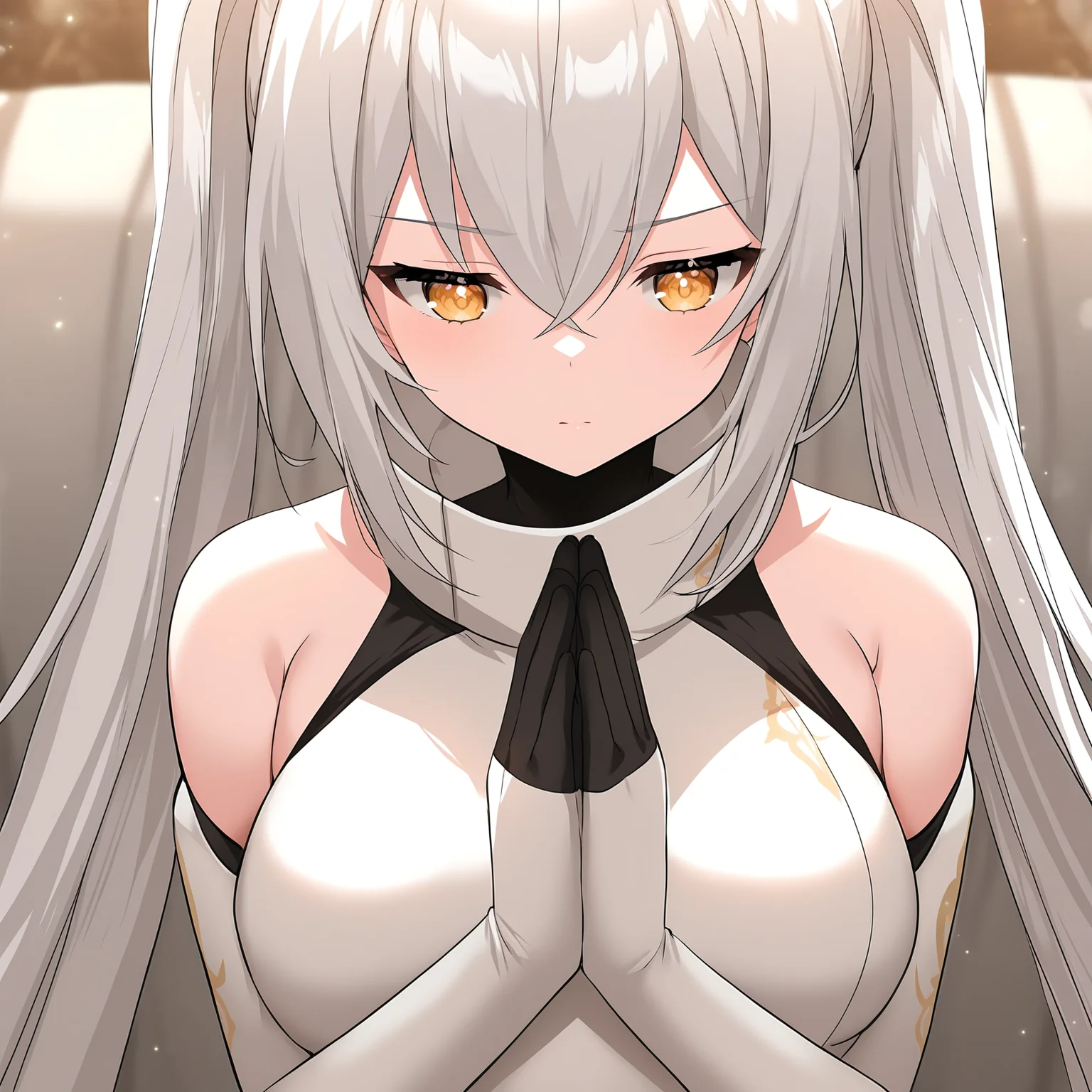 masterpiece,best quality,newest,absurdres,highres,<lora:noobai_ep11_stabilizer_v0.138_fp16:1>,my_knight,<lora:my_knight_v1:0.8>,white hair,very long hair,petite,twintails,praying,
