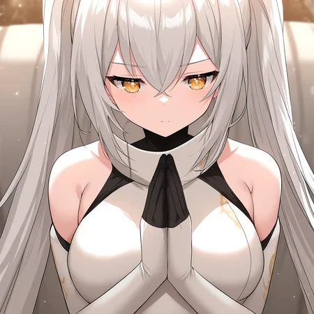 masterpiece,best quality,newest,absurdres,highres,<lora:noobai_ep11_stabilizer_v0.138_fp16:1>,my_knight,<lora:my_knight_v1:0.8>,white hair,very long hair,petite,twintails,praying,