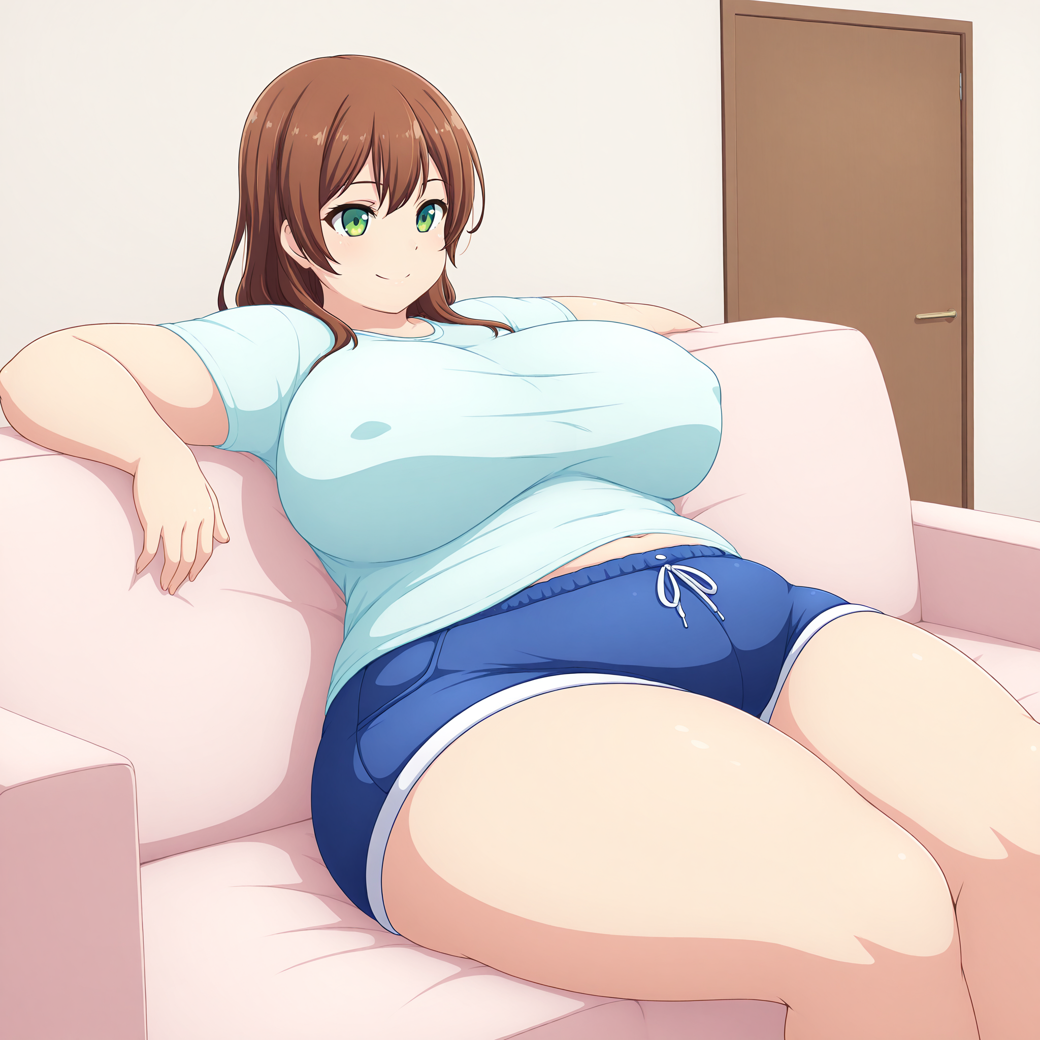 (masterpiece), best quality, (highly detailed), 1female, solo, <lora:Miramiraclerun_style_Illustrious:0.8>, sofa, relaxing, room, indoor, brown hair, green eyes, tshirt, shorts, huge breasts, smile,