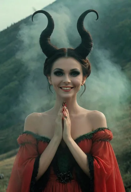 Super Closeup Portrait, Czech fairy tale films, Red Green Vintage witch Dress, Long fingernails, Old movie Style, 1970 czech, Three Wishes for Cinderella (1973), black hairbun, evil crazy laughing, dark christmas witch, Horns, snowy hill, Lowlight dark Pastel Tone, smoke and Funky Red backlight, very Detailed, awesome Quality, reflecting, luminescent, translucent, Ethereal, Aura, Natural busty woman with freckles, smiling, without make-up, sitting on straw, Cozy dark medieval straw stables, snowy, underboob, puffy nipples, giga_busty, 80s DARK dystopian Blade Runner Flair, dynamic Scene, very detailed, uhd, masterpiece, White smoke, light beams through smoke,