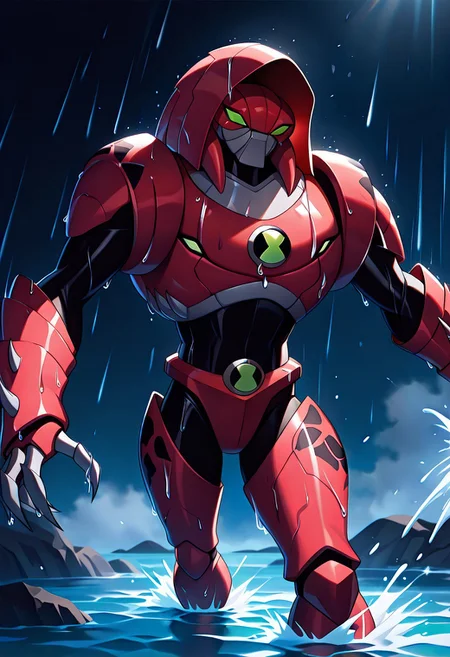masterpiece, best quality, amazing quality, very aesthetic, absurdres, newest,, detailed background, 
waterhazard, solo, red armor, red hood up, , helmet, mecha, alien, claws, green eyes, 1boy, 
<lora:water-censor-ponyxl-lora-nochekaiser:1>, water censor, convenient censoring, water, wet